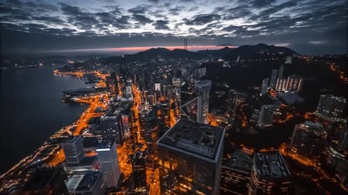 Hong Kong city lights and buildings aerial