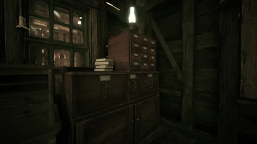 Rustic Interior with Wooden Cabinets and a Lamp in a Cozy Old Workshop