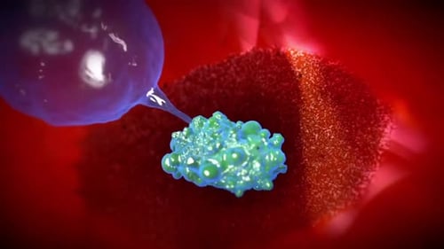 Viral infection concept with blue green bacteria in red blood cells