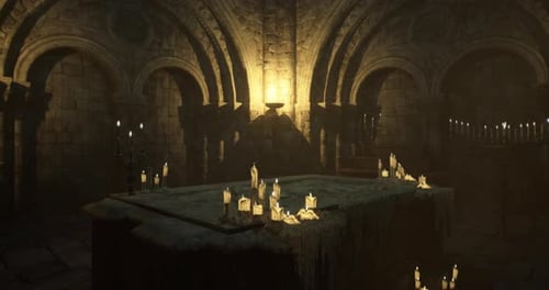 Ancient Stone Crypt with Flickering Candles and Mysterious Atmosphere