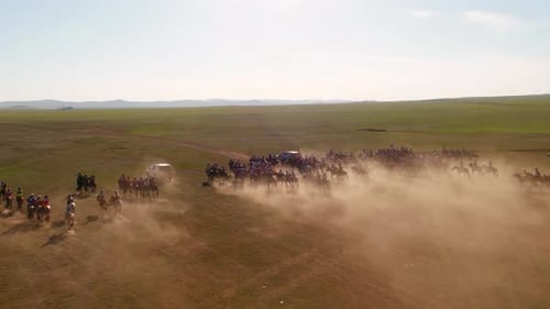 Horseback riders training for a race in Mongolia called Naadaam. Dust covers the air as the