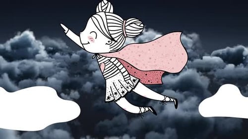 Animation einer Retro-Superheldenfee, die über den bewölkten Himmel fliegt