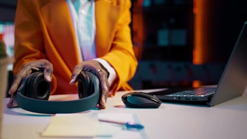 College Student Listens to Teacher Giving a Lecture on Online Webinar Class