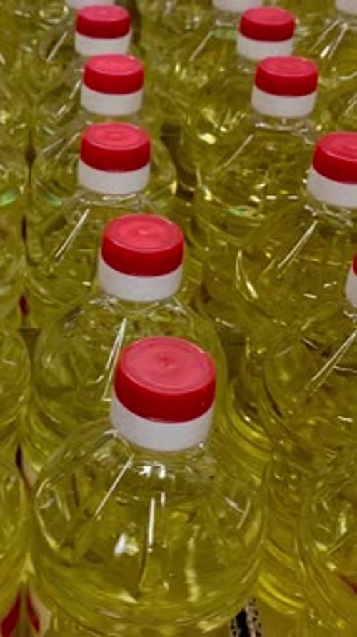 Row of Vegetable Sunflowerseed or Corn Oil in Plastic Bottles for Sale in Grocery Supermarket