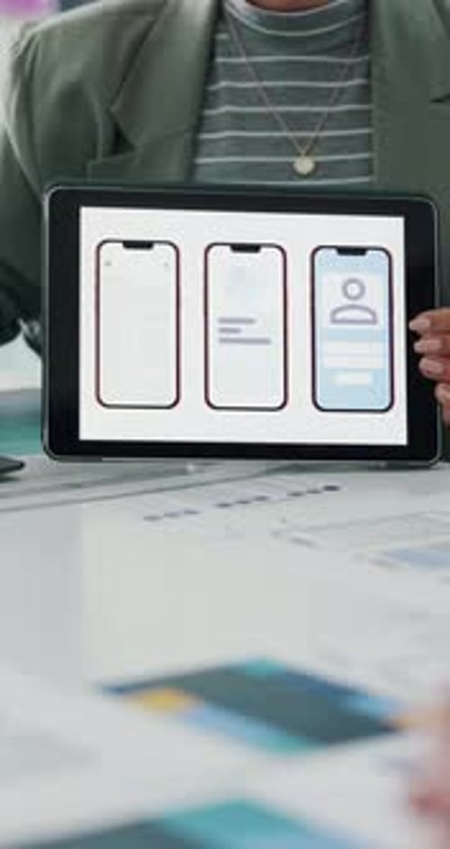 Office, UI design and hands with tablet screen, presentation and plan for new mobile app