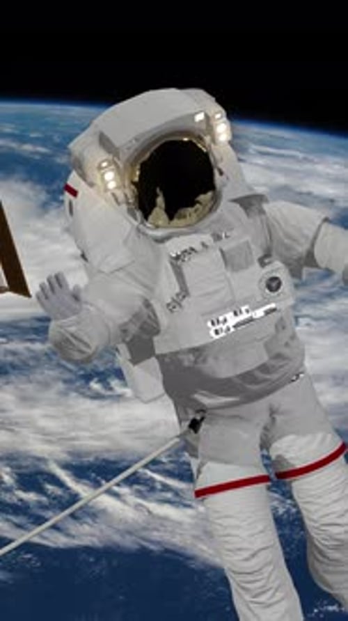 Astronaut Spacewalk, waving his hand in the open space.