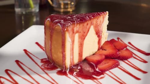 Cheesecake with Strawberry Sauce close up