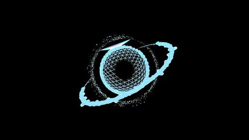 Interface Collection: Continuous main loop of a hollow rotating planet with ring in center on a dark
