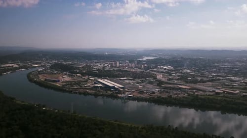 Aerial view of downtown Chattanooga, Tennessee, showing the Tennessee River curving around the