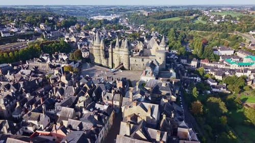 Aerial Forward Drone Shot Toward Castle of Vitré in Brittany