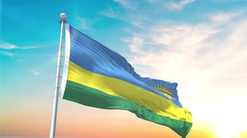 Rwanda National Flag Waving in 3D with Sunset Sky