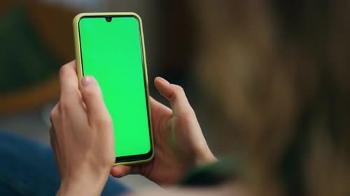 Woman Hand Swiping Green Phone Screen Closeup Unknown Relaxed Girl Scrolling