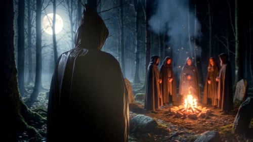 Waldbrandrituale Im Schatten der Wälder finden mysteriöse Zusammenkünfte mit flackernden Flammen und Flüstern statt