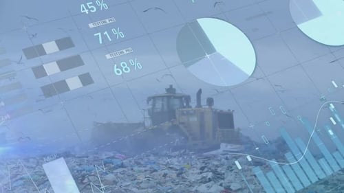 Animation of statistics recording over bulldozer in waste disposal site