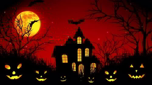 Spooky Halloween Night Animated Scene with Haunted House and Pumpkins