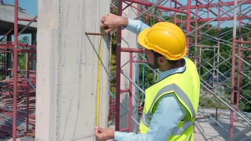 Engineer young man using tape measure for check and examining length of structure.