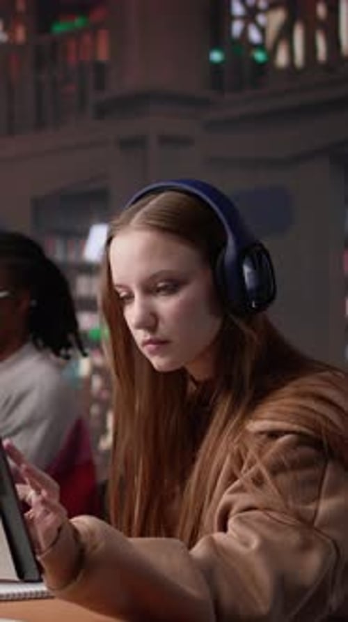 Vertical Video Young Female Adult Listening to Therapy Music and Working on Her Bachelor Paper