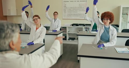 Science, class and research students with questions, learning and education at medical university