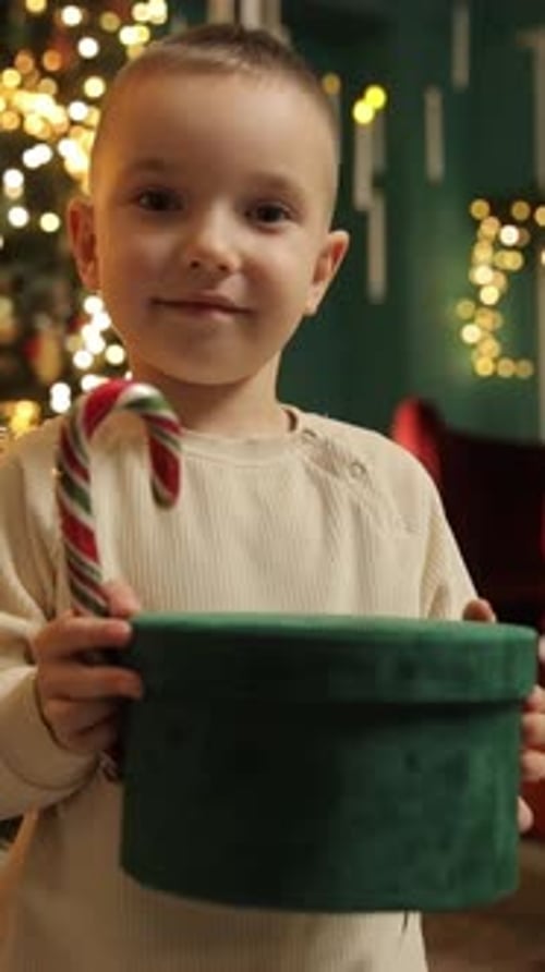 Un niño sonriente sostiene una caja de regalo verde mientras está de pie en un cálido interior navideño