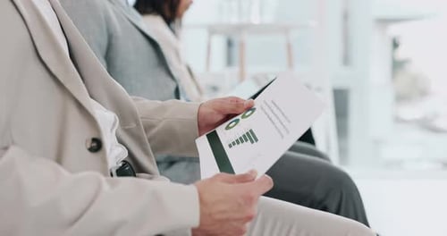 Hands, document and data for a meeting or report on company growth, economy or financial wealth