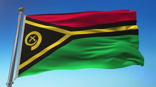 Vanuatu National Flag Waving Animation Against Blue Sky