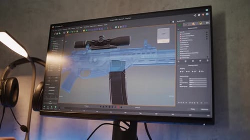 Professional Design Software with 3D Model of Sniper Rifle on Computer Monitor