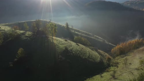 Aerial View of Remote Homestead, Morning Fog in the Mountains by Drone