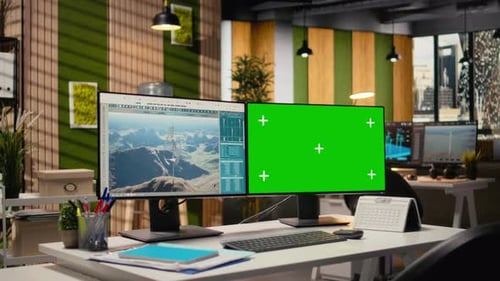 Simulation de prototype de moulin à vent futuriste sur une maquette PC à écran vert