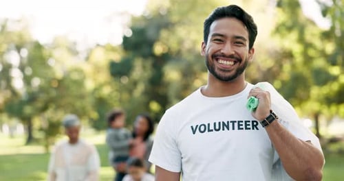 Cleaning, happy volunteer and man in park with litter for community service