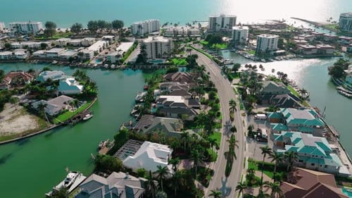 Drone Above Footage Many Private Houses on the Shore of the Bay