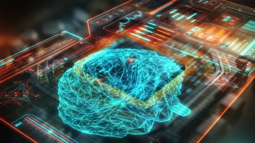 Datenverarbeitung im digitalen Raum mit Hologramm Brain und Code Flow