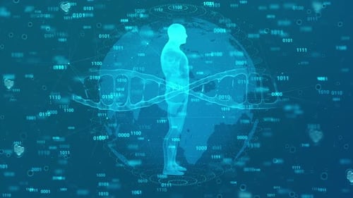 Futuristic Digital Human Body with DNA and Global Technology Network
