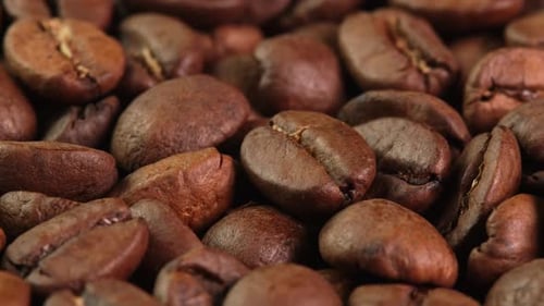 Roasted coffee beans rotating as background close-up macro. Concept for coffee shop with brown