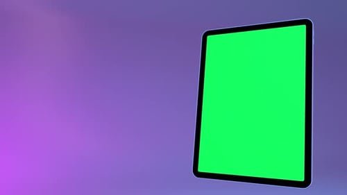 Tablet with blank green screen. Mockup animation. Colorful neon background