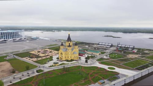 Cathedral in Nizhny Novgorod and the Embankment of the Oka River