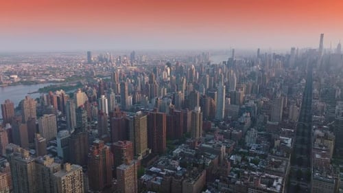 Impressive New York cityscape at sunrise. Beautiful quarters and streets of a metropolis.