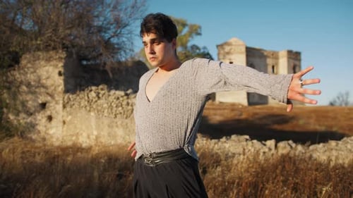 Man Dancer Performs Near A Castle In Calabria