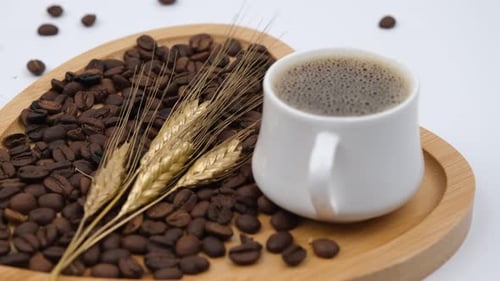 Steaming Coffee Beans with Cup on Tray