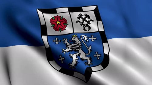 Waving Blue and White Flag with Heraldic Coat of Arms
