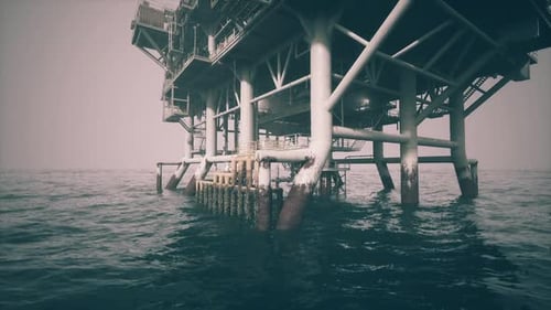 Old Oil Platform Rising From the Ocean at Dusk with Sturdy Supports Visible