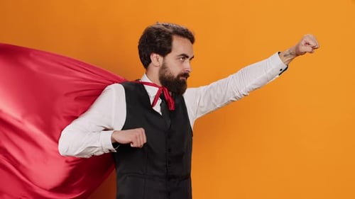 Poderoso concepto de empleado heroico con capa