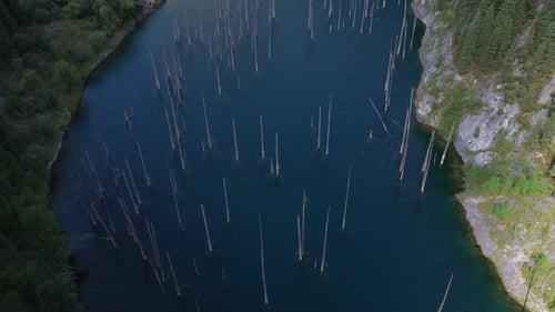 Aerial view of Lake Kaindy with submerged trees, Kazakhstan.