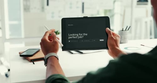 Hands, tablet and screen in office for job search, application and website development at company