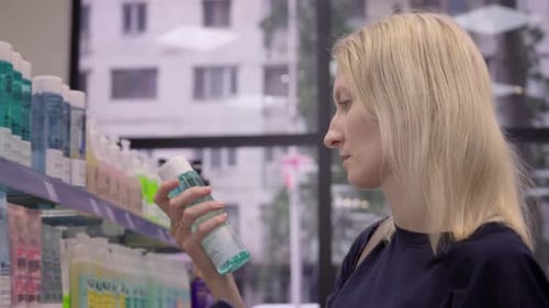 Young beautiful woman choosing cream in cosmetics store.