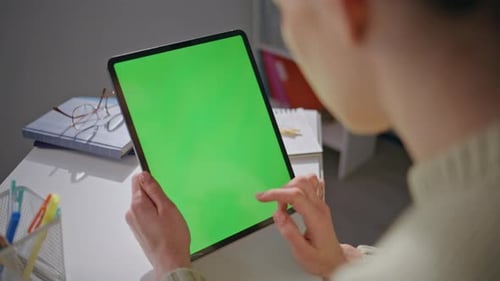 Chromakey Tablet Teacher Swiping Display Browsing Internet Home Office Closeup