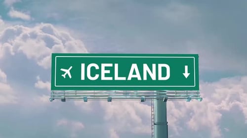 Airplane Arriving To Iceland Road Sign
