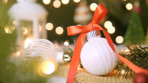 Christmas Ornaments and Ribbon Decoration Holiday Still Life
