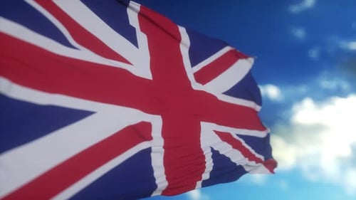 Realistic United Kingdom Flag Waving Against Blue Sky