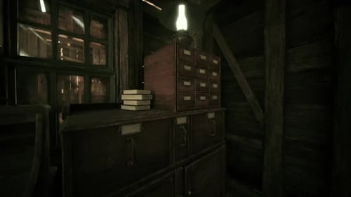 Vintage Rustic Room with Books and Glowing Lantern