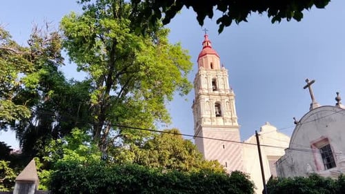 Tour de la cathédrale de Cuernavaca encadrée par des arbres